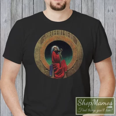 Men's Grateful Dead Blues For Allah Compact Disc T Shirt In Black, Front View On Light Wood Background