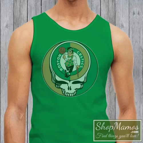 Boston Celtics Grateful Dead Steal Your Face Men’s Tank Top – Irish Green Front View On Light Wood Background Men's Boston Celtics Grateful Dead Steal Your Face Tank Top In Irish Green, Front View On Light Wood Background