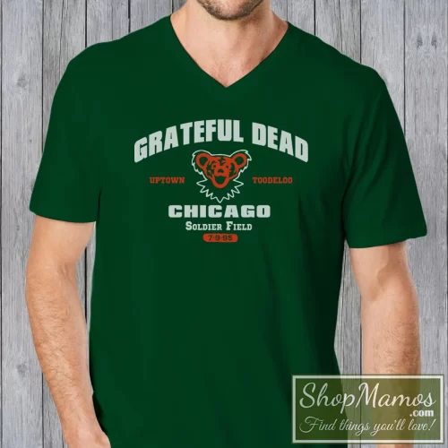 Men's Grateful Dead Chicago 95 Tour Soldier Field For Live Show Collectors V Neck In Forest Green, Front View On Light Wood Background