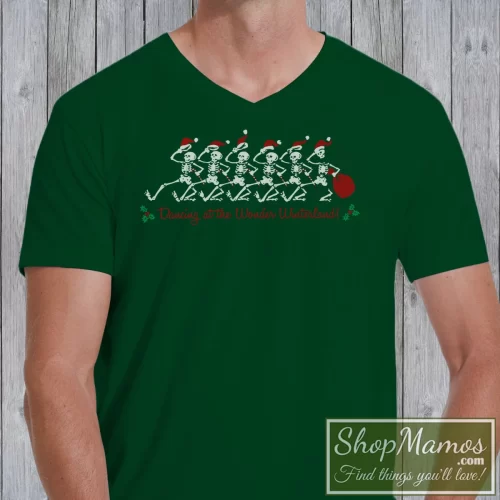 Men's Grateful Dead Dancing Skeletons Winter Wonderland V Neck In Forest Green, Front View On Light Wood Background
