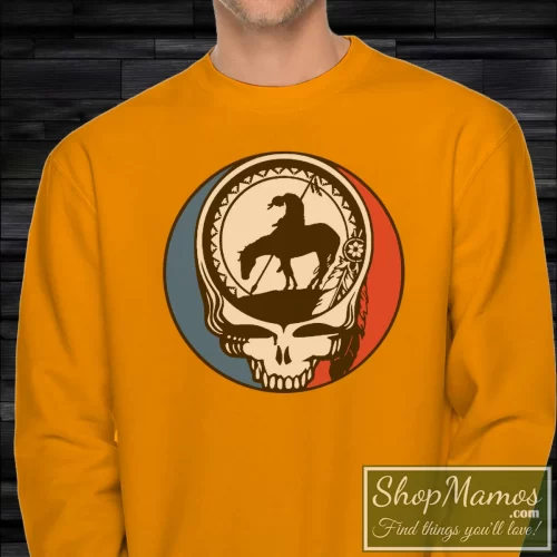 Men's Grateful Dead End Of The Trail Steal Your Face Sweatshirt In Orange, Front View On Dark Wood Background