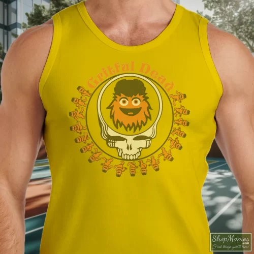 Grateful Dead Gritty Philadelphia Flyers Men’s Tank Top – Yellow Front View On Dark Wood Background Men's Grateful Dead Gritty Philadelphia Flyers Tank Top In Yellow, Front View On Dark Wood Background