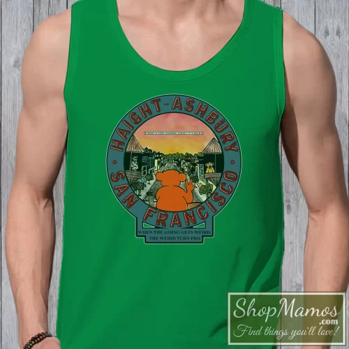 Men's Grateful Dead 80s Haight Ashbury San Francisco Tank Top In Irish Green, Front View On Light Wood Background