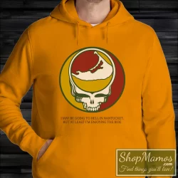 Men's Grateful Dead I May Be Going To Hell In Nantucket Hoodie In Orange, Front View On Dark Wood Background