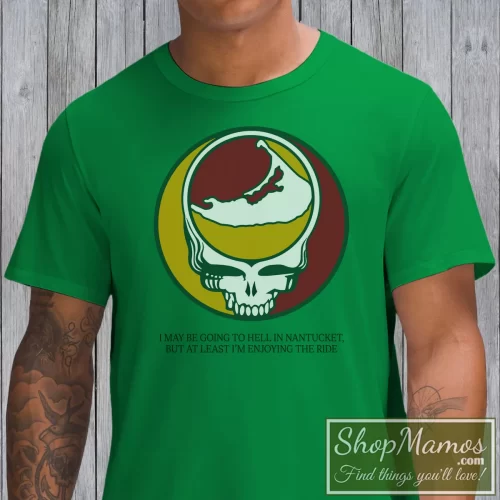 Grateful Dead I May Be Going To Hell In Nantucket Men’s T Shirt – Irish Green Front View On Light Wood Background Men's Grateful Dead I May Be Going To Hell In Nantucket T Shirt In Irish Green, Front View On Light Wood Background