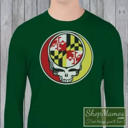 Men's Grateful Dead Maryland State Flag Sweatshirt In Forest Green, Front View On Light Wood Background