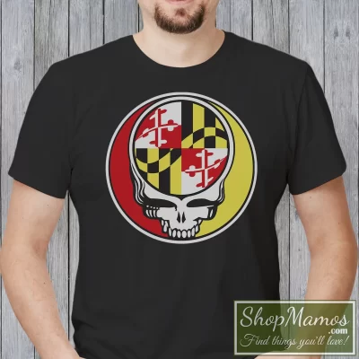 Men's Grateful Dead Maryland State Flag T Shirt In Black, Front View On Light Wood Background