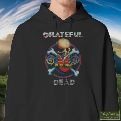 Grateful Dead Reckoning Soft Men’s Hoodie – Black Front View On Light Wood Background Men's Grateful Dead Reckoning Soft Hoodie In Black, Front View On Light Wood Background