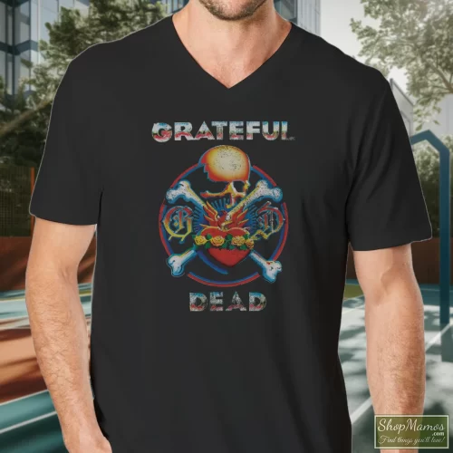 Grateful Dead Reckoning Soft Men’s V Neck – Black Front View On Light Wood Background Men's Grateful Dead Reckoning Soft V Neck In Black, Front View On Light Wood Background