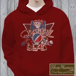 Men's Vintage Grateful Dead Rose Skeleton Blacklight Poster Jerry Garcia Hoodie in Maroon, front view on light wood background