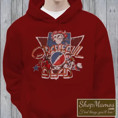 Men's Vintage Grateful Dead Rose Skeleton Blacklight Poster Jerry Garcia Hoodie in Maroon, front view on light wood background