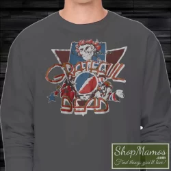 Men's Vintage Grateful Dead Rose Skeleton Blacklight Poster Jerry Garcia Long Sleeve in Charcoal, front view on dark wood background