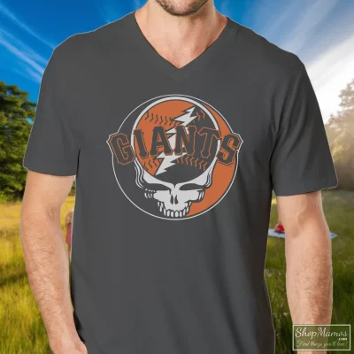 Men's Grateful Dead San Francisco Giants V Neck In Charcoal, Front View On Dark Wood Background