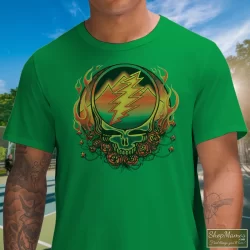 Men's Grateful Dead - Scarlet Fire SYF T Shirt In Irish Green, Front View On Light Wood Background