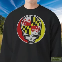 Grateful Dead Steal Your Face Maryland Flag Vintage Shirt 5 Men's Grateful Dead Steal Your Face Maryland Flag Vintage Sweatshirt In Black, Front View On Light Wood Background