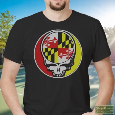 Men's Grateful Dead Steal Your Face Maryland Flag Vintage T Shirt In Black, Front View On Light Wood Background
