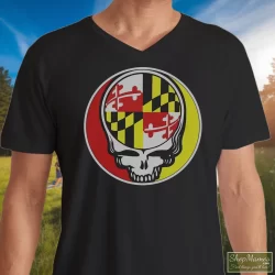 Grateful Dead Steal Your Face Maryland Flag Vintage Shirt 7 Men's Grateful Dead Steal Your Face Maryland Flag Vintage V Neck In Black, Front View On Light Wood Background