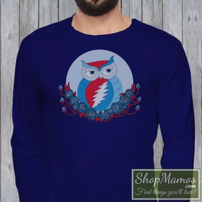 Men's Grateful Dead Steal Your Face Owl Long Sleeve In Navy, Front View On Light Wood Background
