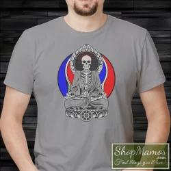 Men's Grateful Dead Steal Your Face Skull And Roses T Shirt In Sport Grey, Front View On Dark Wood Background