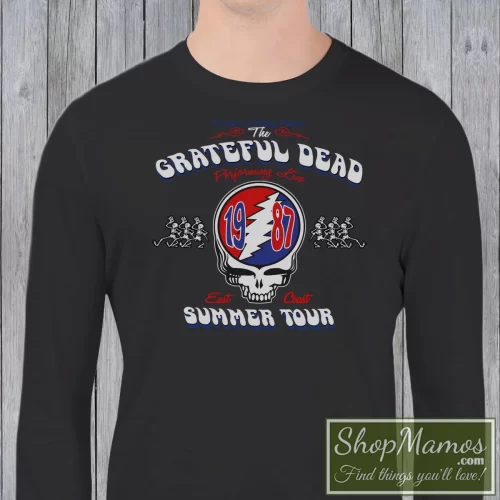 Men's Grateful Dead Summer Tour 1987 Rock Music Jam Band Country Rock Sweatshirt In Black, Front View On Light Wood Background