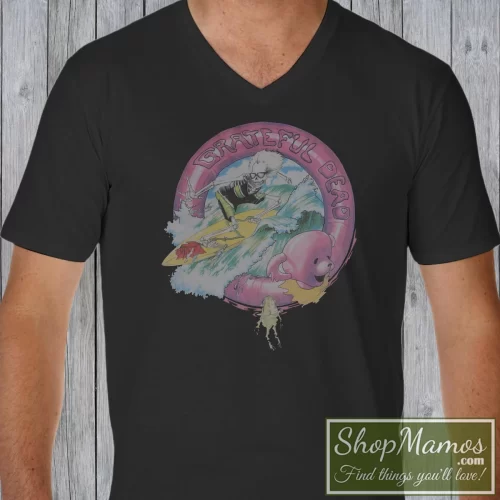 Men's Grateful Dead Surfing Skeleton Vintage Rock Graphic Style V Neck In Black, Front View On Light Wood Background