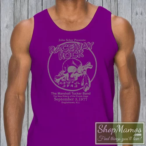 Men's Grateful Dead Vintage Raceway Rock Concert Tank Top In Purple, Front View On Light Wood Background