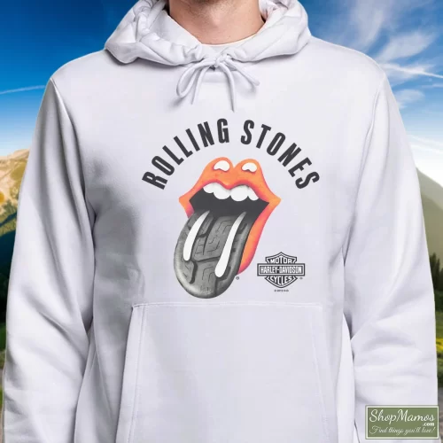 Harley Davidson Rolling Stones Tire Tread White Men’s Hoodie – White Front View On Dark Wood Background Men's Harley Davidson Rolling Stones Tire Tread White Hoodie In White, Front View On Dark Wood Background