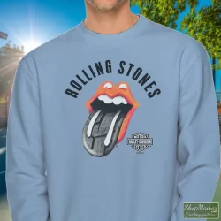 Harley Davidson Rolling Stones Tire Tread Shirt White 8 Men's Harley Davidson Rolling Stones Tire Tread White Sweatshirt In Light Blue, Front View On Dark Wood Background