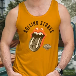 Harley Davidson Rolling Stones Tire Tread Shirt White 7 Men's Harley Davidson Rolling Stones Tire Tread White Tank Top In Orange, Front View On Dark Wood Background