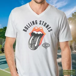 Harley Davidson Rolling Stones Tire Tread Shirt White 2 Men's Harley Davidson Rolling Stones Tire Tread White V Neck In White, Front View On Dark Wood Background