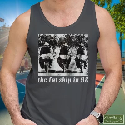 Men's The Fat Ship In 92 Hip Hop Tupac Shakur Ice Tea Snoop Dog Dr Dre Notorious Tank Top In Charcoal, Front View On Dark Wood Background