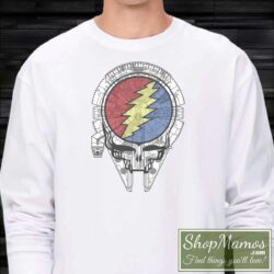 Men's The Millennium Falcon Grateful Dead Star Wars Vintage Long Sleeve in White, front view on dark wood background