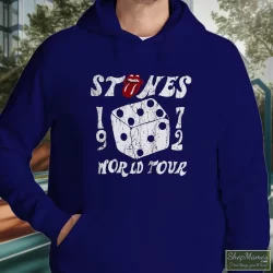 The Rolling Stones 1972 Dice Tour Shirt 9 Men's The Rolling Stones 1972 Dice Tour Hoodie In Navy, Front View On Light Wood Background