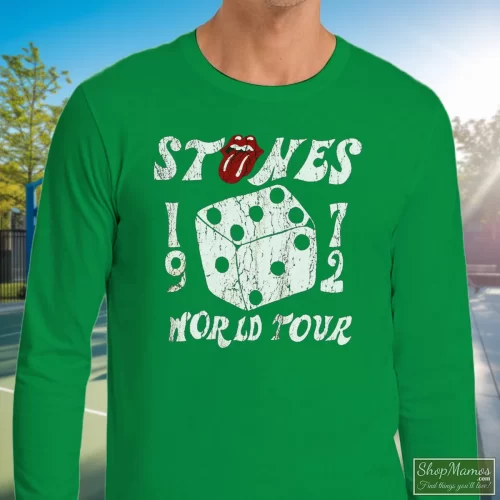 The Rolling Stones 1972 Dice Tour Men’s Long Sleeve – Irish Green Front View On Light Wood Background Men's The Rolling Stones 1972 Dice Tour Long Sleeve In Irish Green, Front View On Light Wood Background