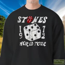 The Rolling Stones 1972 Dice Tour Shirt 6 Men's The Rolling Stones 1972 Dice Tour Sweatshirt In Black, Front View On Light Wood Background