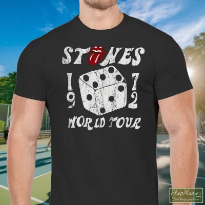 Men's The Rolling Stones 1972 Dice Tour T Shirt In Black, Front View On Light Wood Background