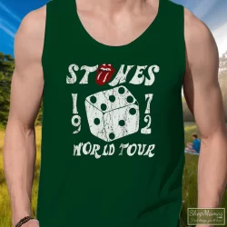 The Rolling Stones 1972 Dice Tour Shirt 2 Men's The Rolling Stones 1972 Dice Tour Tank Top In Forest Green, Front View On Light Wood Background
