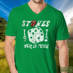The Rolling Stones 1972 Dice Tour Shirt 8 Men's The Rolling Stones 1972 Dice Tour V Neck In Irish Green, Front View On Light Wood Background