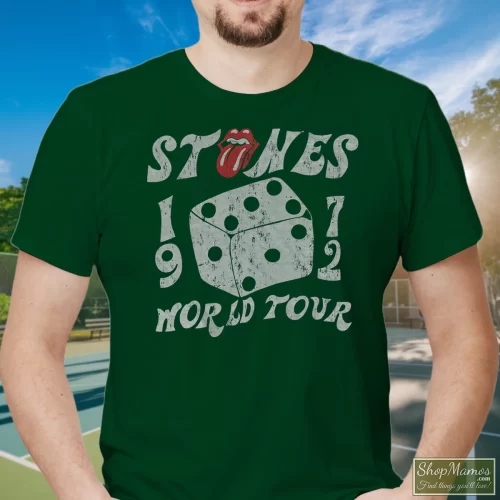 The Rolling Stones 1972 Tour Dice Tongue Logo Rock Music Band Men’s T Shirt – Forest Green Front View On Light Wood Background Men's The Rolling Stones 1972 Tour Dice Tongue Logo Rock Music Band T Shirt In Forest Green, Front View On Light Wood Background