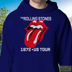 The Rolling Stones 1972 US Tour Shirt 6 Men's The Rolling Stones 1972 US Tour Hoodie In Navy, Front View On Light Wood Background