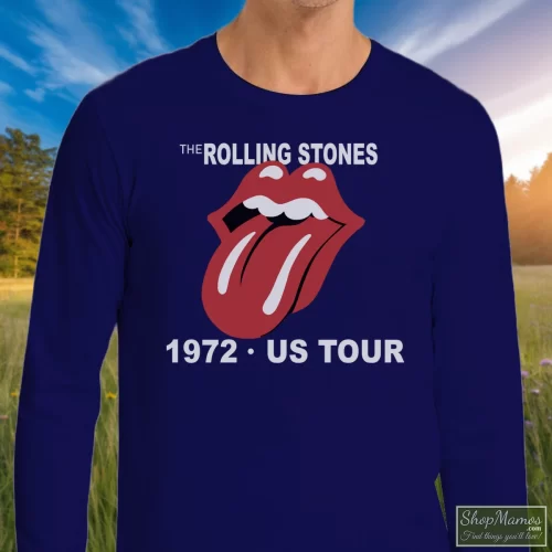 The Rolling Stones 1972 Us Tour Men’s Long Sleeve – Navy Front View On Light Wood Background Men's The Rolling Stones 1972 Us Tour Long Sleeve In Navy, Front View On Light Wood Background