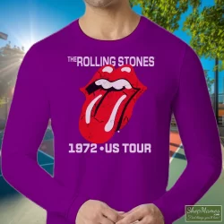 The Rolling Stones 1972 US Tour Shirt 4 Men's The Rolling Stones 1972 US Tour Long Sleeve In Purple, Front View On Light Wood Background