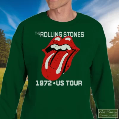Men's The Rolling Stones 1972 US Tour Sweatshirt In Forest Green, Front View On Light Wood Background