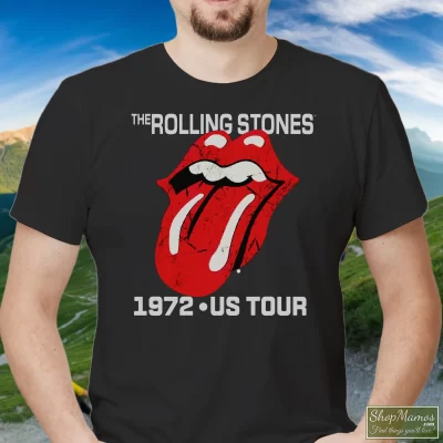 Men's The Rolling Stones 1972 US Tour T Shirt In Black, Front View On Light Wood Background
