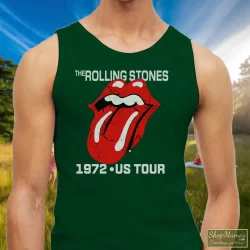 The Rolling Stones 1972 US Tour Shirt 3 Men's The Rolling Stones 1972 US Tour Tank Top In Forest Green, Front View On Light Wood Background