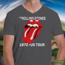 The Rolling Stones 1972 US Tour Shirt 5 Men's The Rolling Stones 1972 US Tour V Neck In Charcoal, Front View On Dark Wood Background