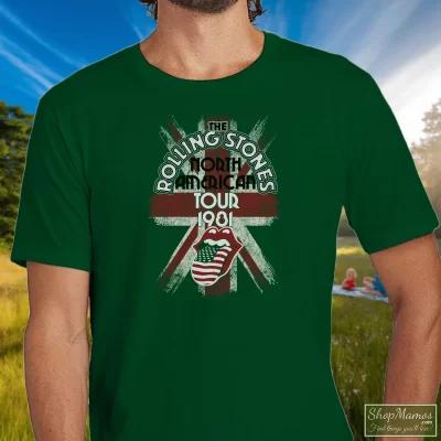 Men's The Rolling Stones 1981 American Tour T Shirt In Forest Green, Front View On Light Wood Background