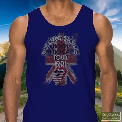 Men's The Rolling Stones American Tour 1981 Tank Top In Navy, Front View On Light Wood Background