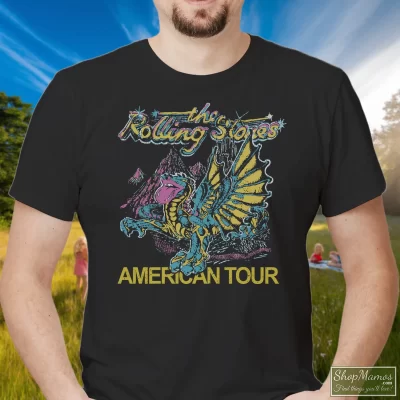 Men's The Rolling Stones American Tour Dragon T Shirt In Black, Front View On Light Wood Background