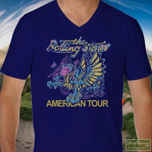 The Rolling Stones American Tour Dragon Men’s V Neck – Navy Front View On Light Wood Background Men's The Rolling Stones American Tour Dragon V Neck In Navy, Front View On Light Wood Background
